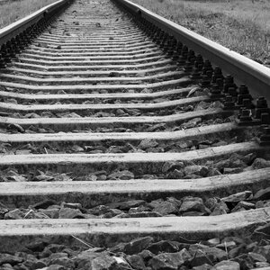 Railway ties black and white photo