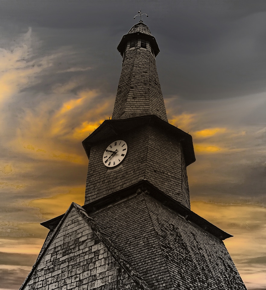 French spire church clock ancient tower