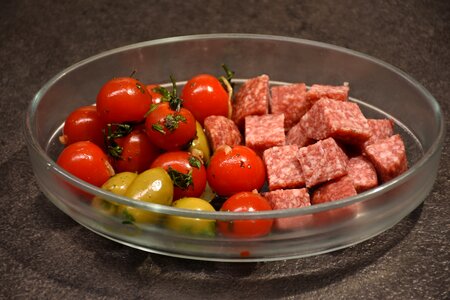 Meat vine tomatoes green olives