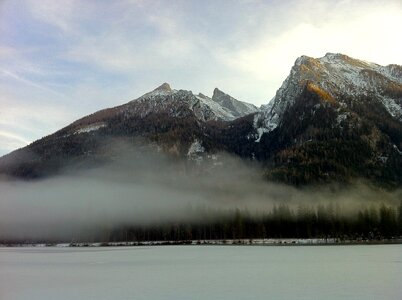 Ground fog twilight mountains photo