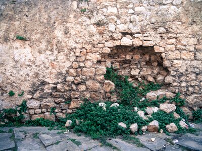 Green grass stone wall photo