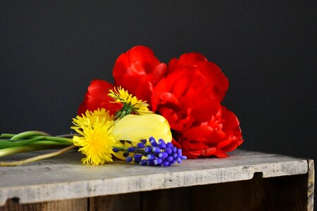 Wooden crate dandelions bouquet photo