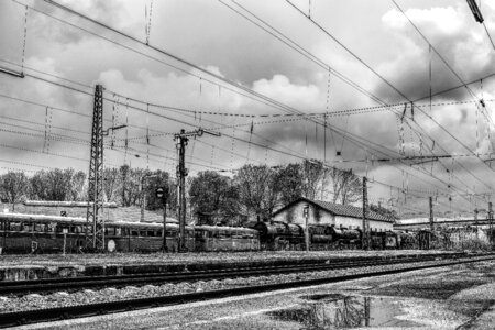 Train railway station black white photo