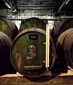 Cellar dark wooden barrels photo