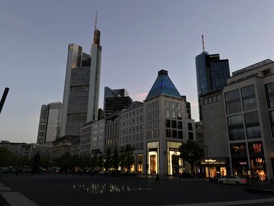 Skyline financial district evening