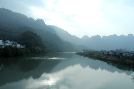 River distant hills reflection photo