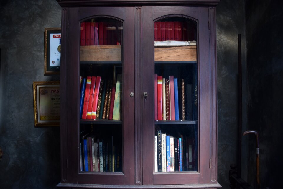 Library bookcase interior photo