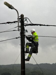 Worker electric wires street lamp photo