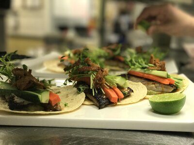Fish tacos restaurant food plating photo