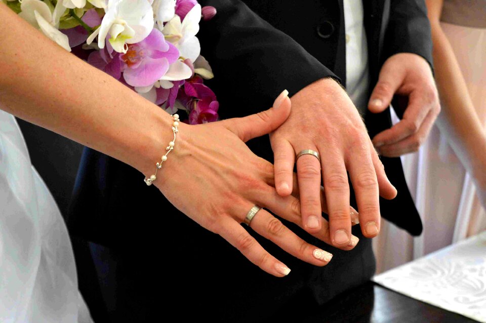 Bride and groom wedding rings