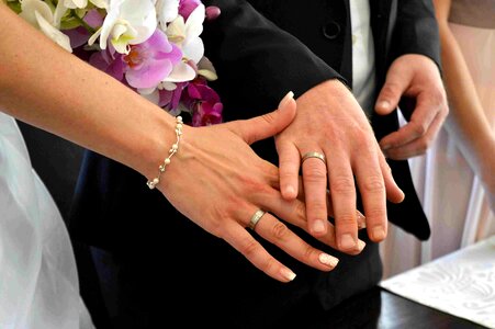Bride and groom wedding rings photo