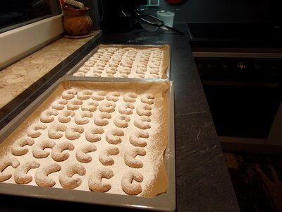 Baking tray sugar christmas cookies photo