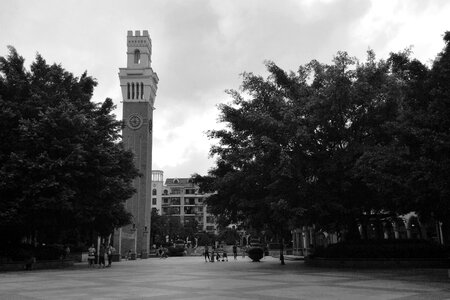 The bell tower square black and white