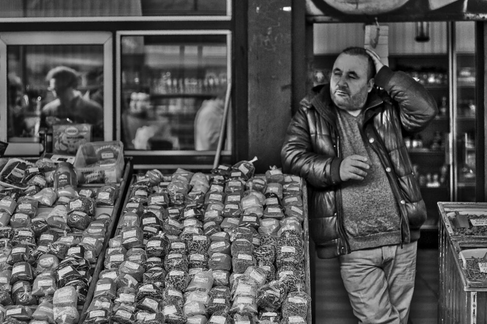 Market seller black white