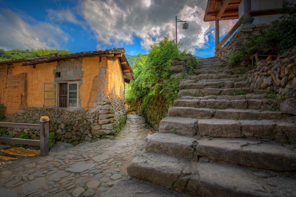 Mountain village mud room stone road