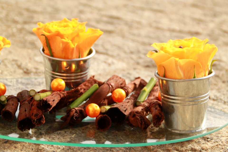 Floral composition pearl orange wood brown
