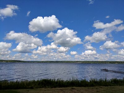 Fluffy clouds blue sky over water photo