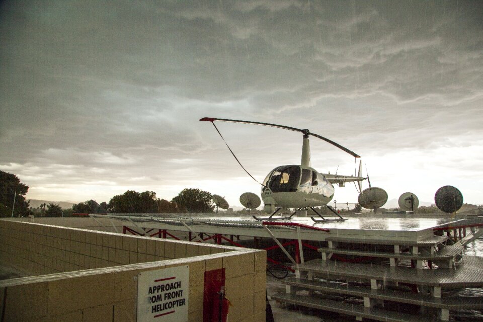 Stormy day on roof tv station helicopter in the rain