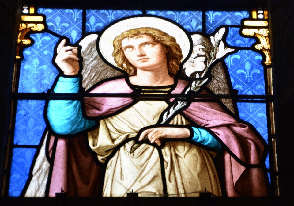 Belief stained-glass windows brightly colored church