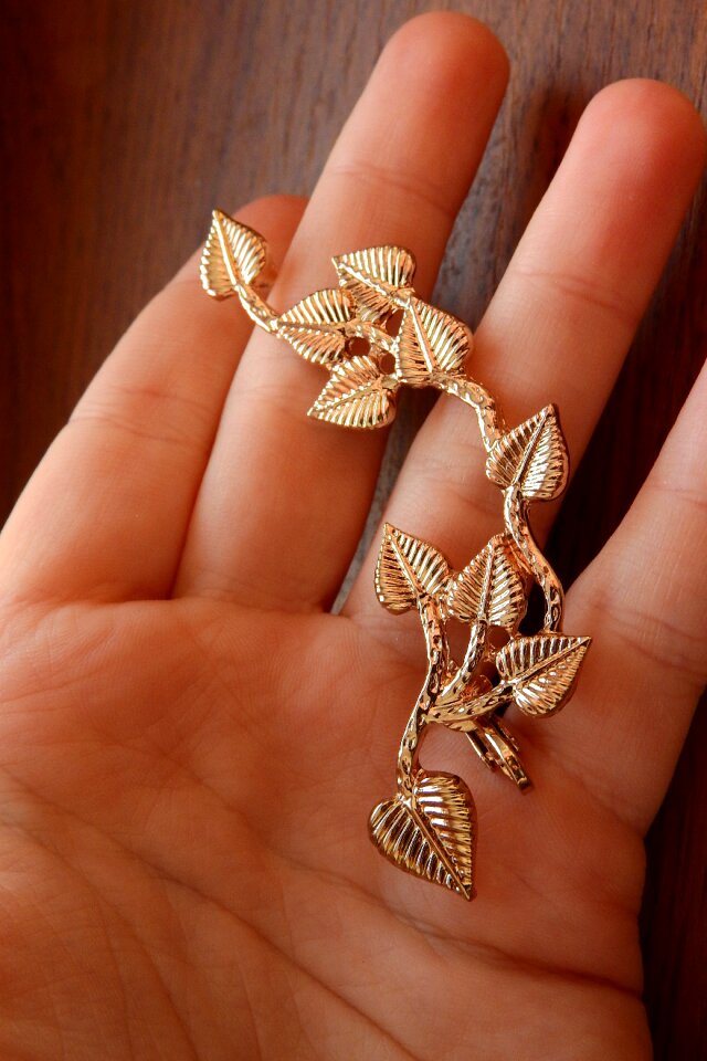 A jewel in the palm of your hand big earrings gold twig with leaves