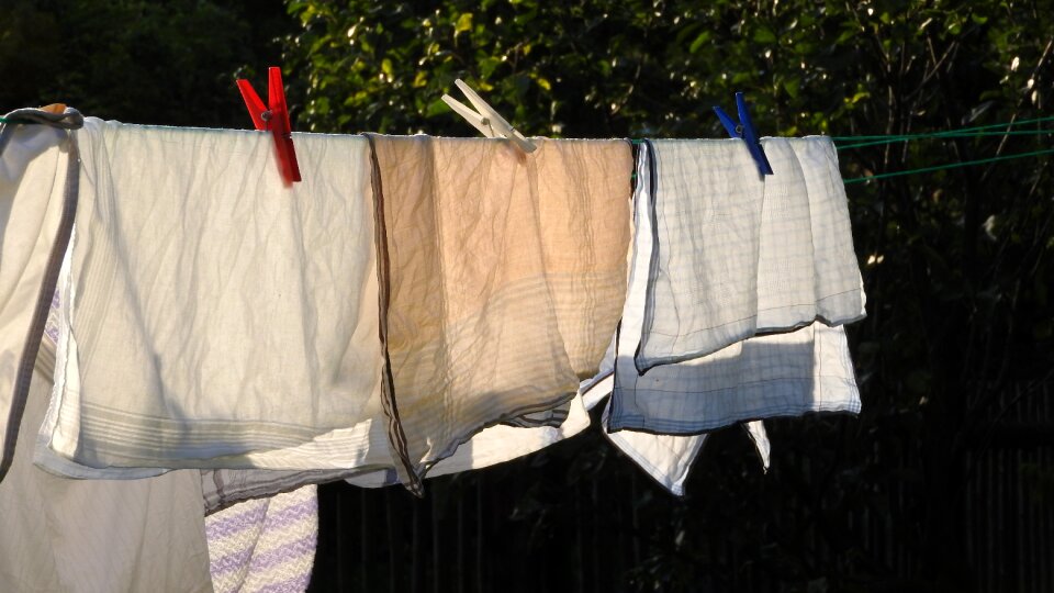 Washed linen large laundry drying clothes