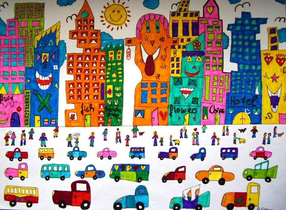 City skyscrapers colorful