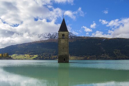 Clock tower sunken church reschen pass