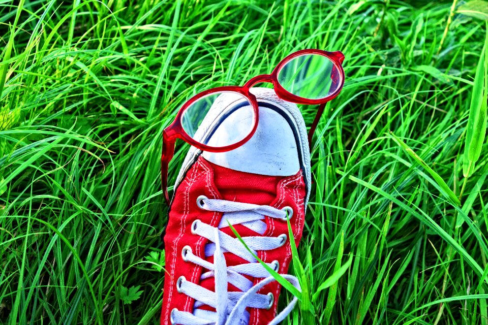 Glasses grass foot in grass