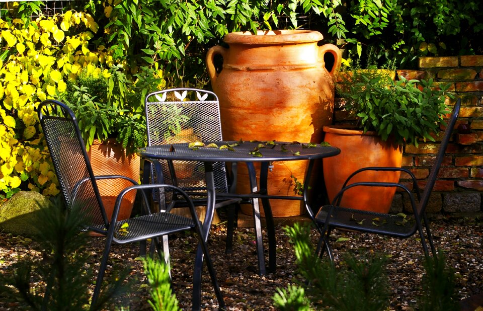 Seating area mediterranean garden shadow play
