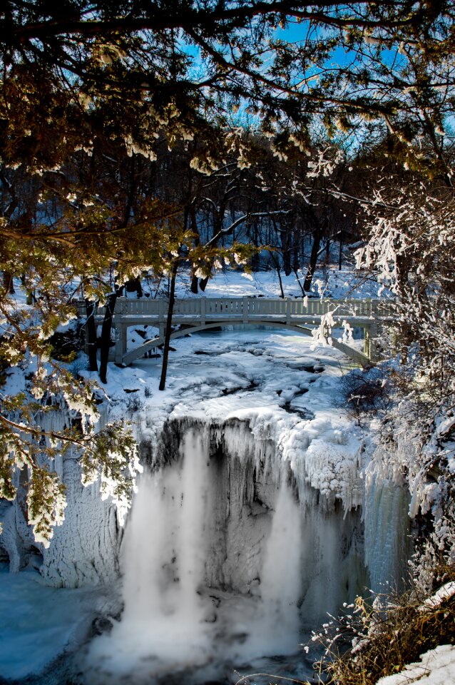 Snow tree waterfall