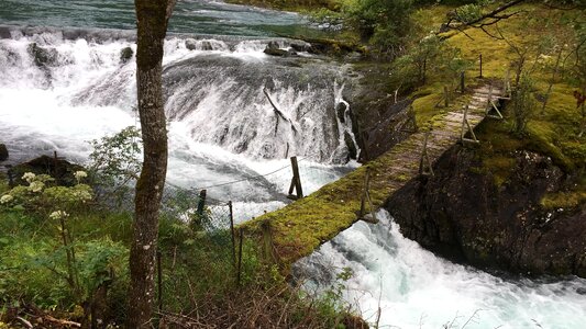 Landscape wooden bridge small waterfall
