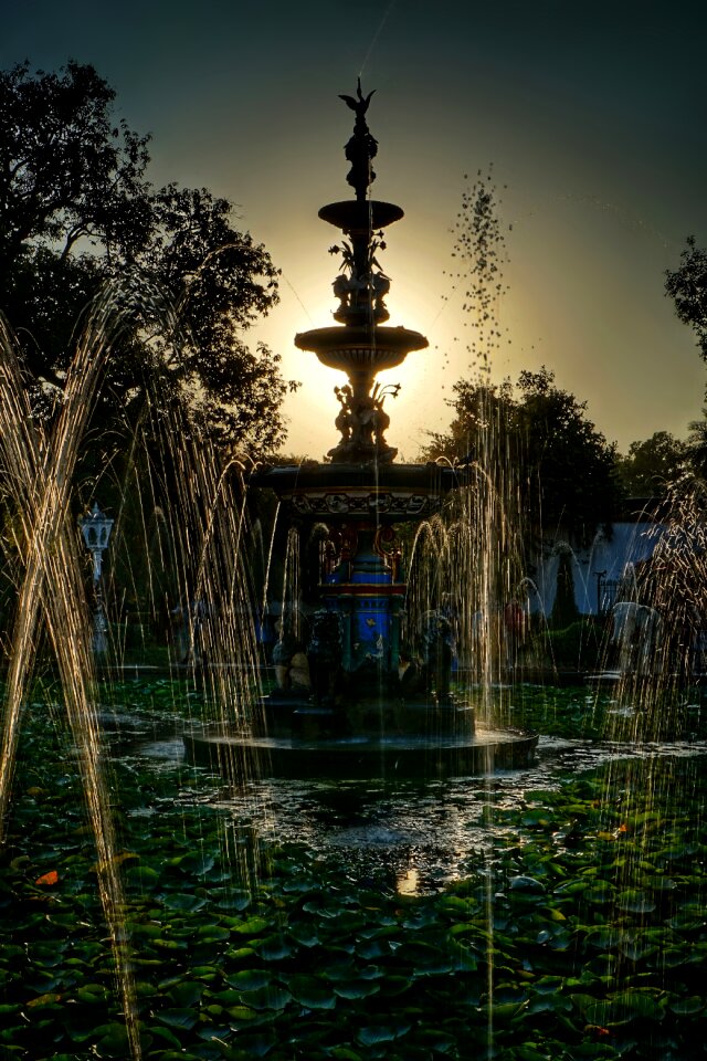 Water feature spray sunset