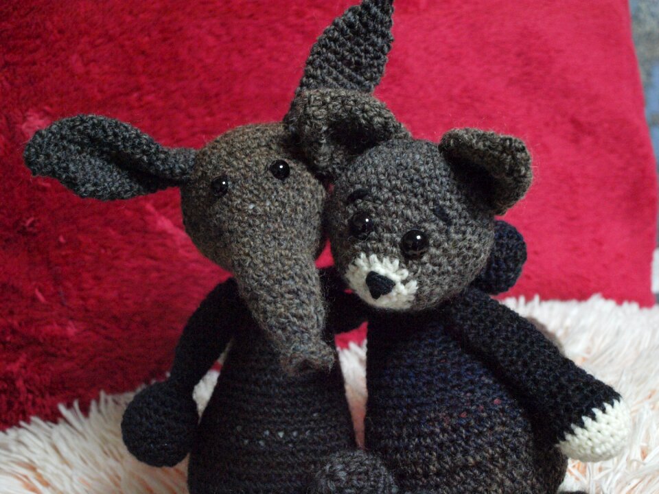 Crocheted animals aardvark and cat wool animals
