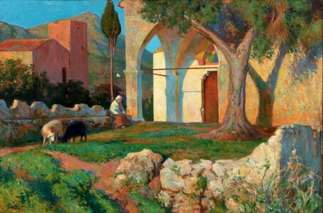 Oil painting village tree