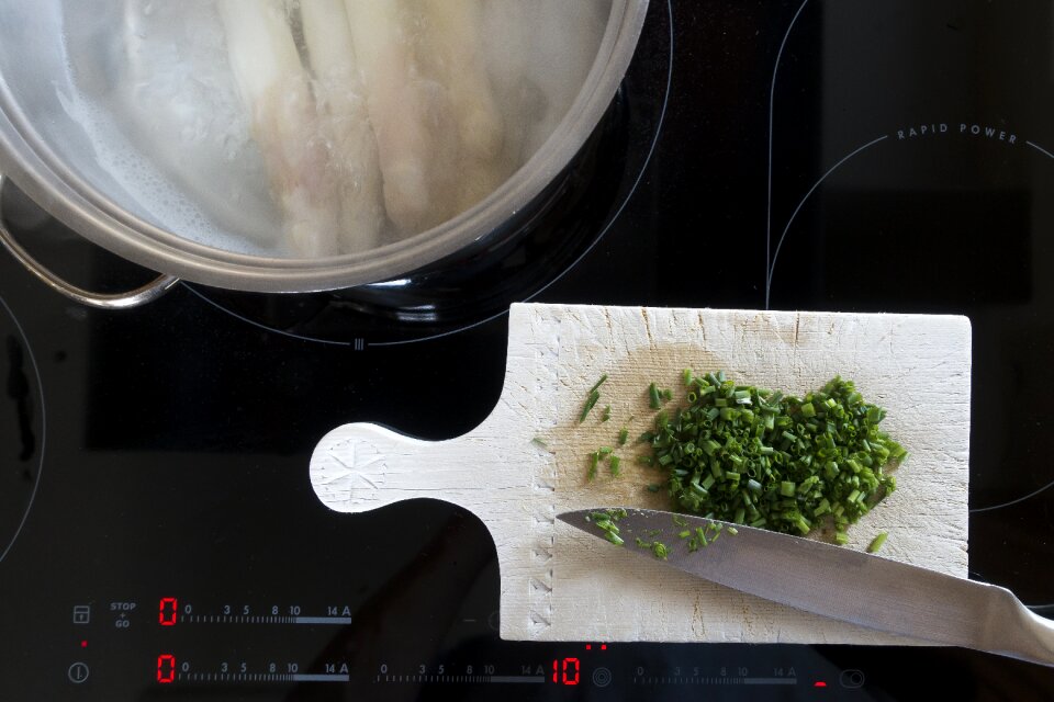 Wooden board asparagus food