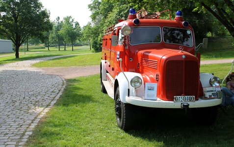 Red fire truck old photo