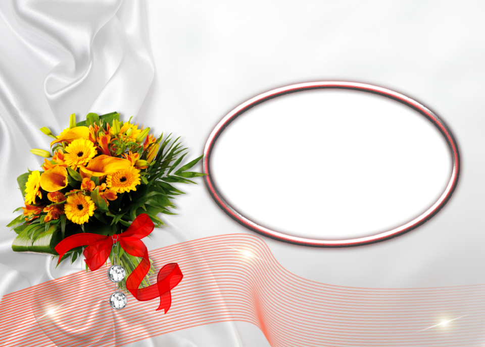 Bouquet of flowers white satin background red ribbon