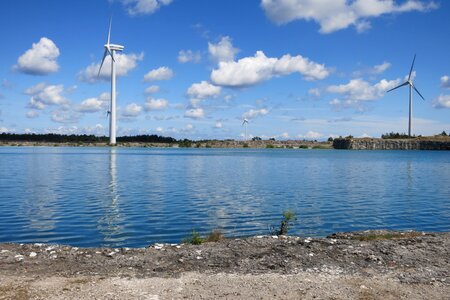 Windmills lake river photo