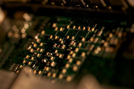 Computer printed circuit board close up photo