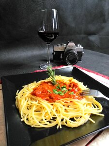 Pasta red wine photo camera