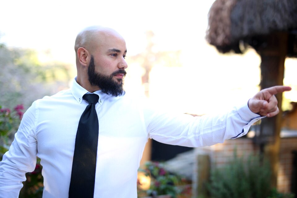 Bald beard pointing