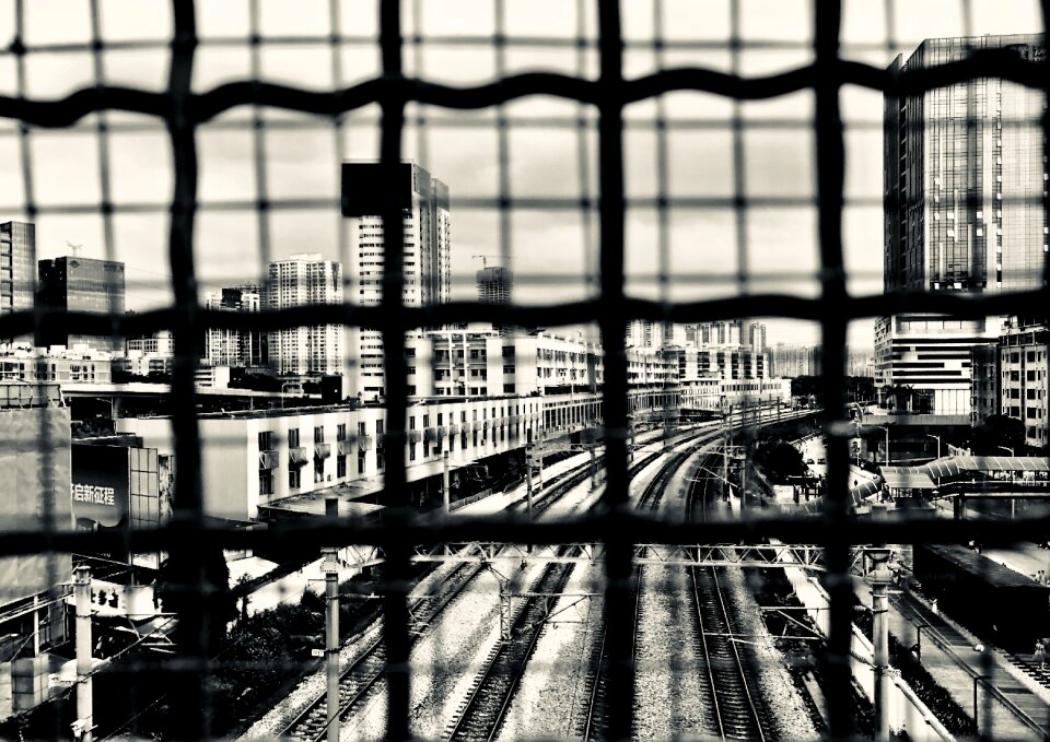 Iron mesh city tall buildings