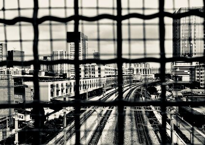 Iron mesh city tall buildings