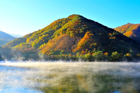 Lake water mist reflect