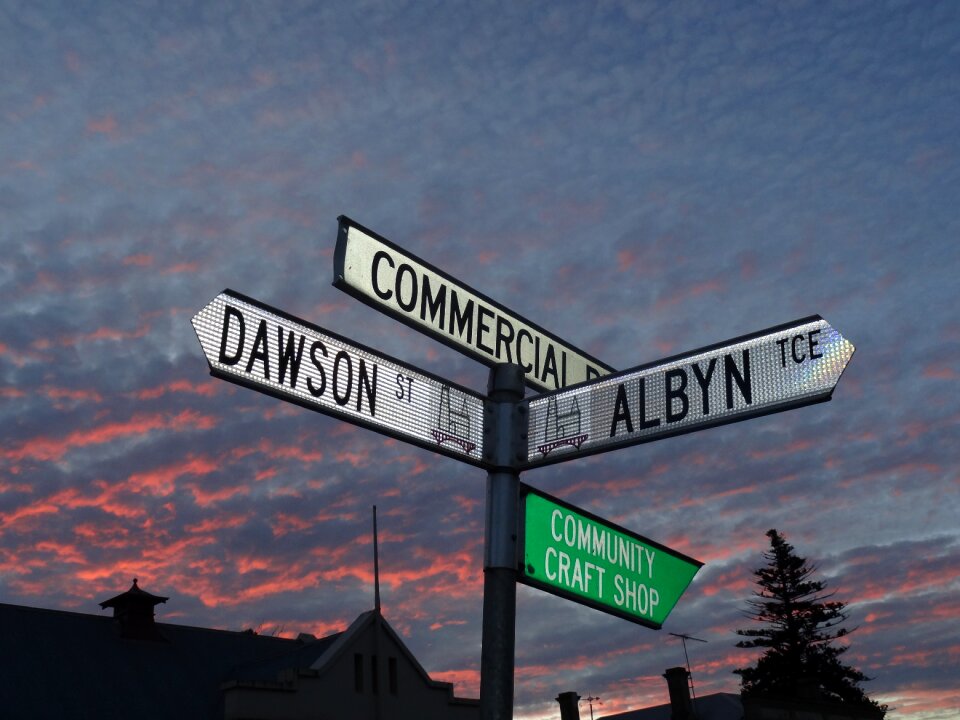 Road signs note sunset