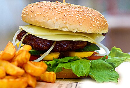 Cheeseburger french fries bun photo