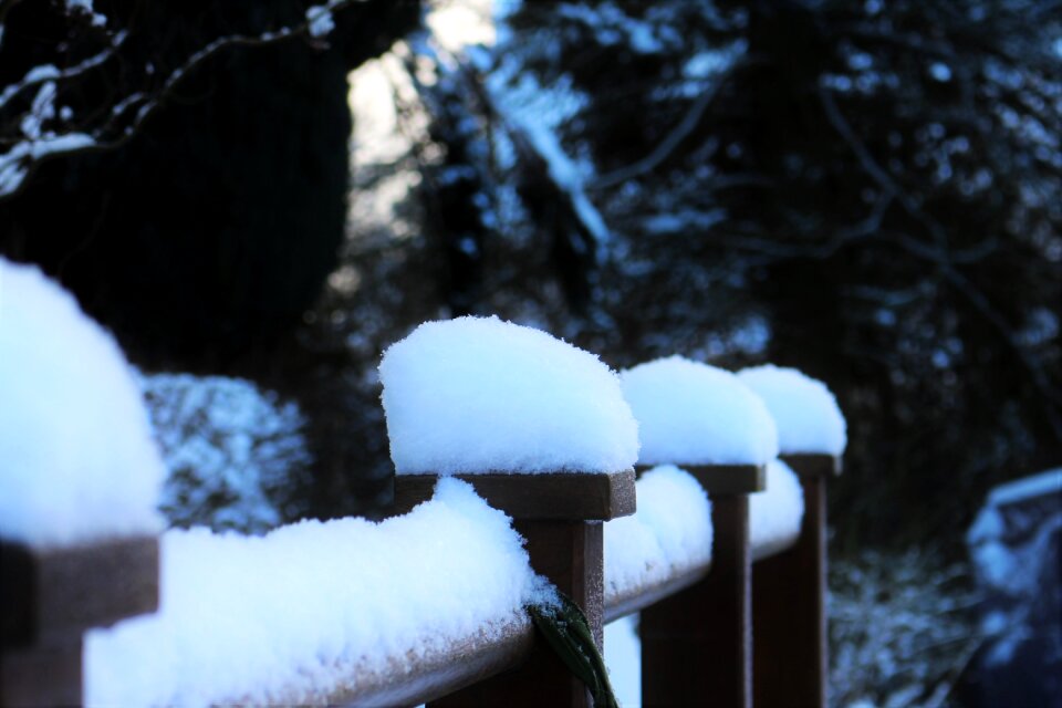 Snow cover snow on railing winter