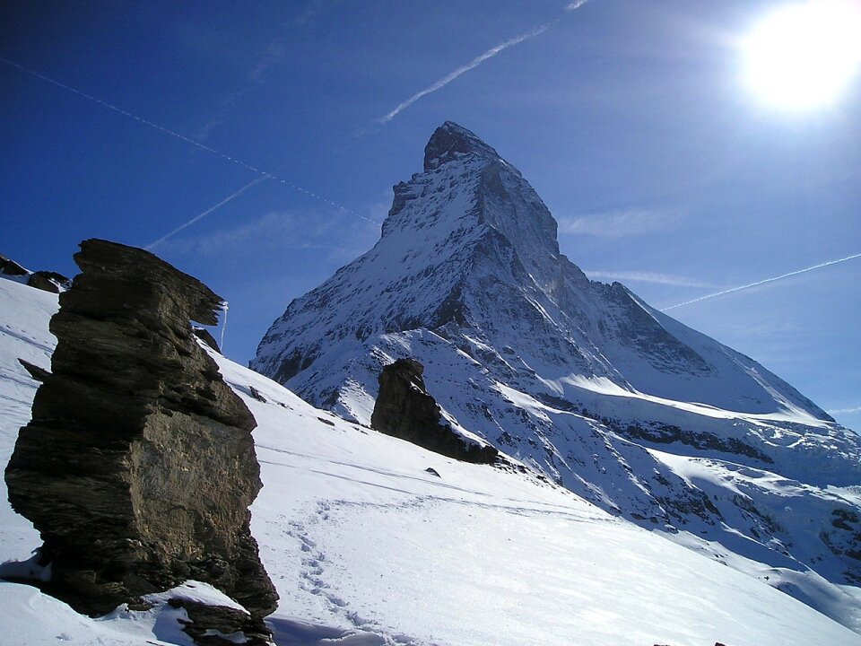 Matterhorn on a clear sunny day on the winter hiking, Zermatt