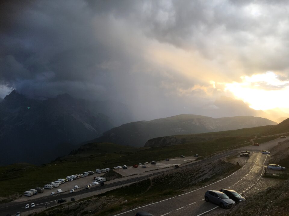 The parking lot of the Auronzo refuge, Dolomite Alps, Italy