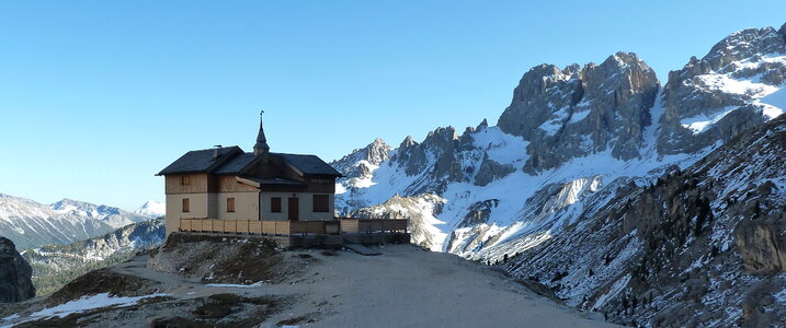 Auronzo refuge and Cadini di Misurina range, Dolomite Alps, Italy photo